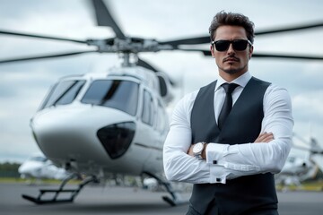 A confident man wearing a vest, dress shirt, and sunglasses stands with arms crossed in front of a white helicopter, exemplifying luxury, power, and modernity.