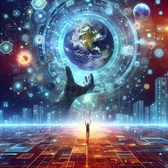 Futuristic Digital World Merging Technology and Earth,Generative AI