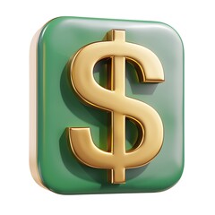 3D golden dollar sign on green background. Icon for finance, currency, and money-related concepts. Suitable for web, app, or business use.