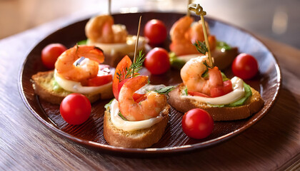 Platter of delicious appetizers with shrimp and tomatoes soft blur background