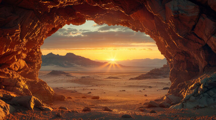 Wall Mural - view from rocky symmetrical cave, Mad Max movie style, desert background, sunset, dust, AI Generative