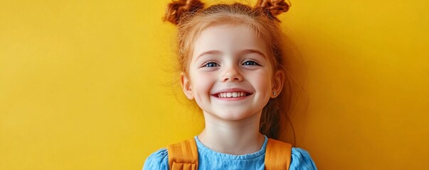 Wall Mural - Portrait of happy redhead girl smiling on yellow background