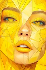 Canvas Print - The abstract geometric portrait of a woman's face, rendered in vibrant yellows and oranges, merges modern art techniques with intricate design elements.