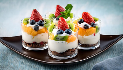 Wall Mural - Dessert with fruit and cream yogurt, Desserts with fruit in cups