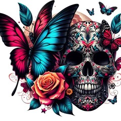 Wall Mural - Skull with butterflies and flowers love