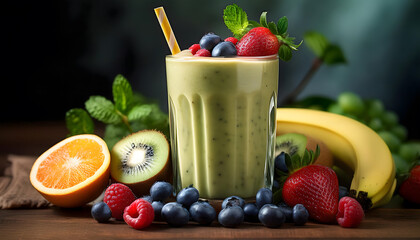 Wall Mural - Fresh mixed fruit smoothie on blurred background