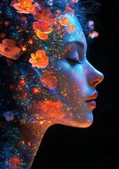 Sticker - This artistic image features a dreamlike floral-themed person with glowing elements and bright colors against a dark backdrop, creating a striking contrast.