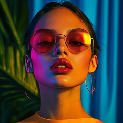 Canvas Print - A visually striking portrait of a woman illuminated by neon lighting, characterized by dramatic color shades and a bold, modern artistic style that captures attention.