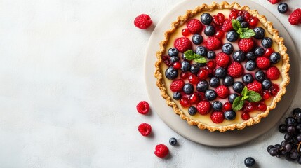 A delicious berry tart with a flaky crust and a creamy filling, topped with fresh raspberries, blueberries, and mint leaves.