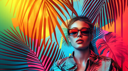 Wall Mural - Creative portrait of a young, smiling, and confident girl with sunglasses, standing in front of a colorful background with summer elements, in the spirit of the Mediterranean and tropical days