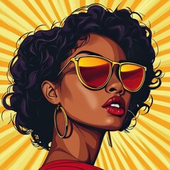 Canvas Print - This image features a stylized portrait with curly hair and sunglasses, set against a vibrant, detailed background, bursting with energy and color.