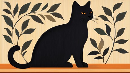 Wall Mural - Elegant Black Cat Illustration with Leafy Background - Minimalist Art for Home Decor, Greeting Cards, and More