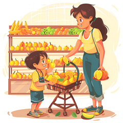 Wall Mural - Mother and son buying fruit