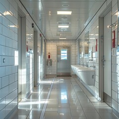 Poster - A sleek, modern public restroom characterized by white tiles, stainless steel fixtures, and ample lighting, portraying cleanliness and contemporary design.