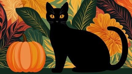 Wall Mural - Black Cat with Pumpkin and Autumn Leaves in Vibrant Fall-Themed Illustration