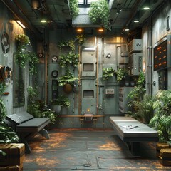 Canvas Print - A futuristic space featuring a mix of industrial decor and abundant plants under artificial lighting, offering a unique blend of technology and nature.