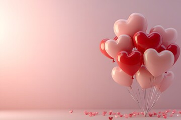 Pink and red hearts floating on a pastel background for Valentine's Day.