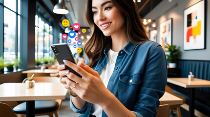 Young woman net idol hand Holding, Using smart phone mobile with Social Media in coffee shop, Love, Like, Follow and Comment concept