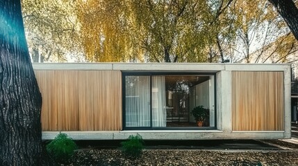 Wall Mural - Eco-friendly minimalist home, designed with green energy features, nestled in a tranquil suburban neighborhood, showcasing sustainable living and modern aesthetics.