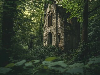  An ancient church in a lush forest with medieval architecture and a tall stone tower, evoking a serene and historic European landmark