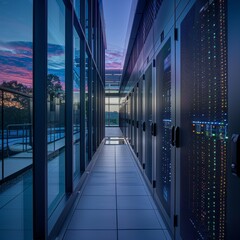 Canvas Print - A well-lit, modern data center with rows of servers housed in glass panels during sunset, reflecting technological advancement.