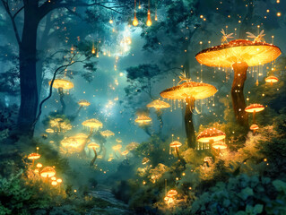 Wall Mural - A forest scene with many glowing mushrooms. Scene is whimsical and magical. The idea behind the image is to create a dreamy and enchanting atmosphere