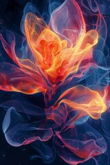 Sticker - A beautiful abstract image resembling a flower, created with dynamic hues of orange and blue, featuring ethereal swirling shapes and a captivating design.