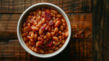 Wall Mural - Savor a hearty dining experience with baked beans and bacon on a rustic wooden table