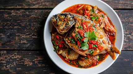 Steamed whole fish seasoned with chili and lime, served in a spicy sauce on a white platter