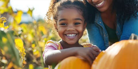 Black mother and daughter enjoying a sunny autumn day at the pumpkin patch