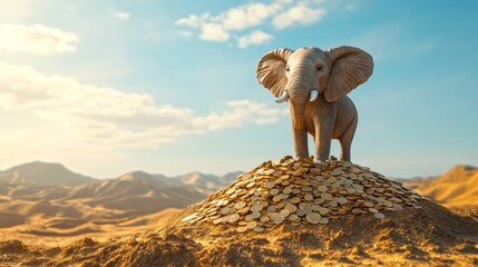 An elephant stands proudly on a mound of gold coins in a vast desert landscape. This imaginative scene combines wildlife with wealth. A surreal artistic style enhances the visual impact. AI