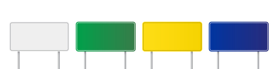 Wall Mural - Road traffic signs of different color on metal poles vector illustration set. 3d realistic white, green, yellow and blue blank street signboards. Empty signposts to notice information, danger, guide.