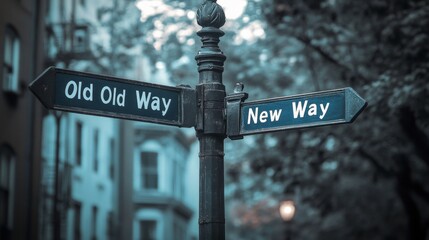photograph of intersecting street signs marked 'old way' and 'new way' in urban area, depicting conc