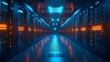 © horizon - bright data center, server racks, network equipment, clean server room, high-tech infrastructure, glowing LED lights, cable management, cool blue tones, symmetrical corridor.