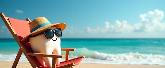 Smiling tooth with sunglasses relaxing on beach chair against tropical ocean background with copy space