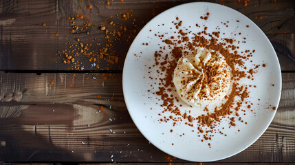 Scrumptious dessert is being dusted with cinnamon on a pristine plate on a vintage wooden table