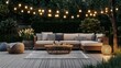 © Obee - 17. A chic outdoor patio with a rattan sofa set, a coffee table, and a string of lights