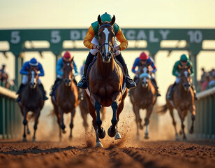 a horse race portrait from the starting gate shows the lead horse bursting out, dirt flying, and joc