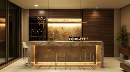 20. A sleek home bar area with a granite counter, high stools, and a wine rack