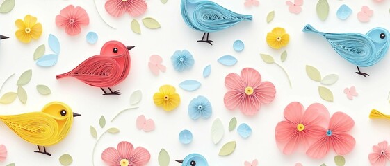 seamless pattern of 3D canary bird,  paper quill pattern.	
