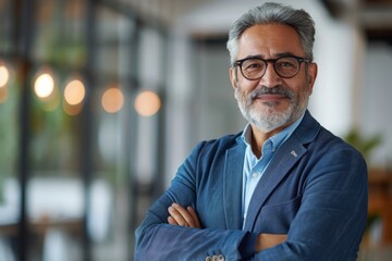 Handsome hispanic senior business man with crossed arms smiling aside. Indian or latin confident mature good looking middle age leader male businessman on blur office background, Generative AI