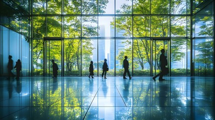 Wall Mural - light blue tones, modern glass building interior, floor-to-ceiling windows, silhouettes of people wa