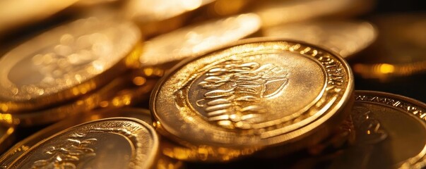 A close-up view of shiny gold coins, capturing the intricate details and glimmer in soft lighting, ideal for financial themes.