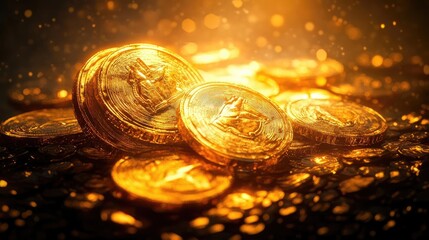 A close-up view of shining gold coins, radiating light and depth, symbolizing wealth and prosperity.