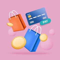 shopping online concept with shopping bag, coin, and credit card