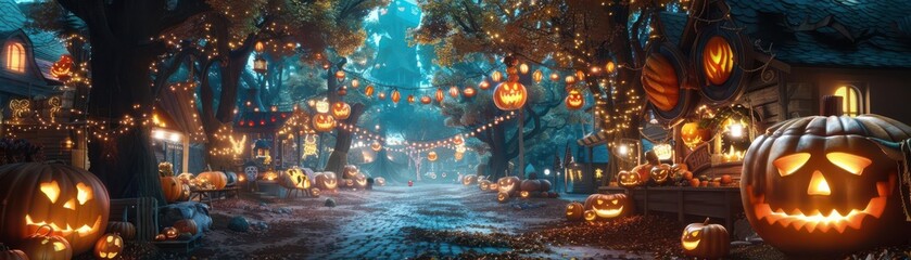 Enchanting Halloween street scene with glowing jack-o'-lanterns, spooky decorations, and eerie autumn ambiance during the twilight hours.