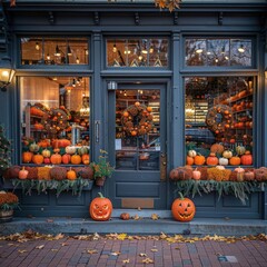 Cozy storefront decorated with pumpkins and festive autumn decorations for Halloween and fall season.