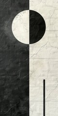 This minimalist artwork combines a large circle with vertical lines, emphasizing geometric shapes and black-and-white contrast.