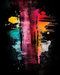 Abstract art with vibrant paint strokes in teal, pink, yellow, and black, this image evokes raw emotion and creativity on canvas.