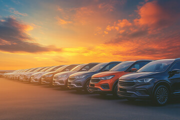 Vibrant Sunset Over Car Dealership. Row of new cars at sunset in a dealership parking lot.